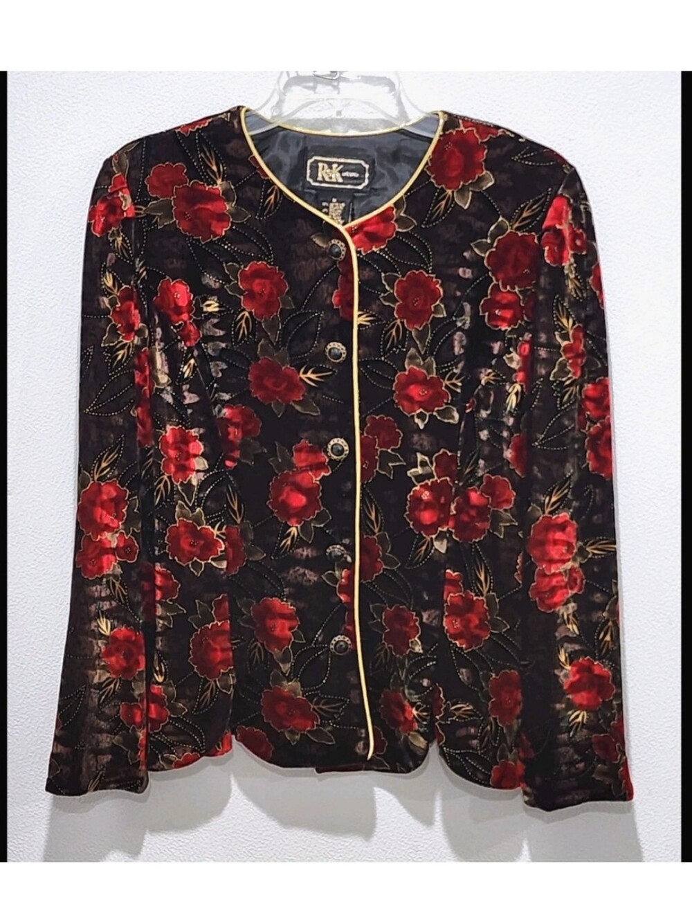 R&K Evening Velvet Floral Jacket Size Medium Red Black Gold Jewel Button Vintage